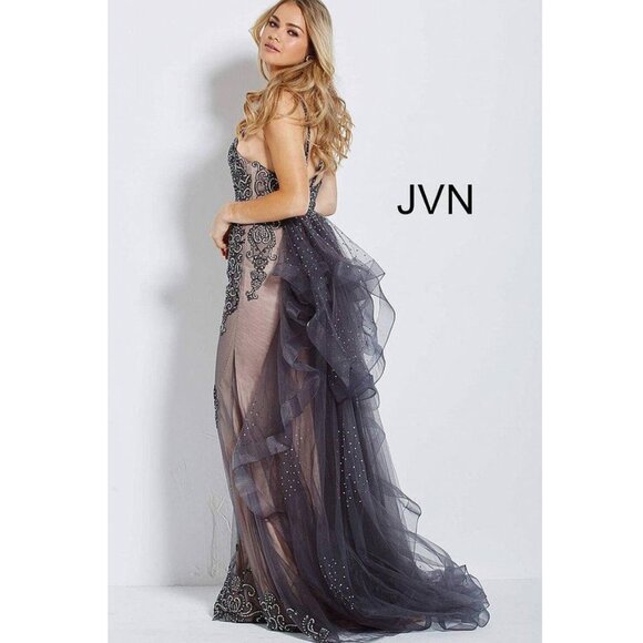 New Charcoal Nude Embellished Ruffle Back Fitted Prom Dress JVN53188 - Picture 1 of 4